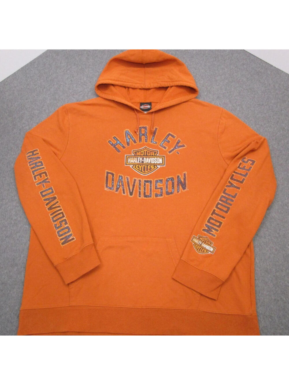 Vintage Harley Davidson Hoodie Mens 2XL Orange Y2K Biker Motorcycle Sweatshirt